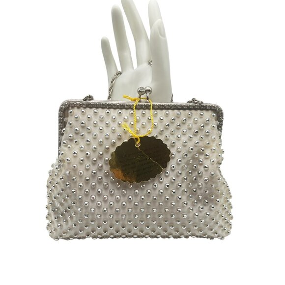 West Germany White Satin Rhinestone Beaded Purse With Change Purse Kiss Lock VTG - Picture 2 of 16